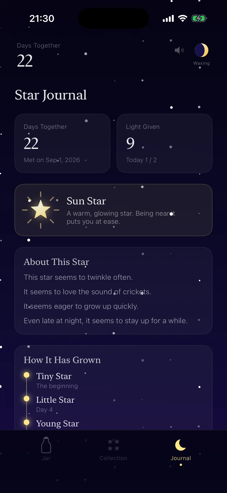 The app’s Journal tab, describing the star’s personality